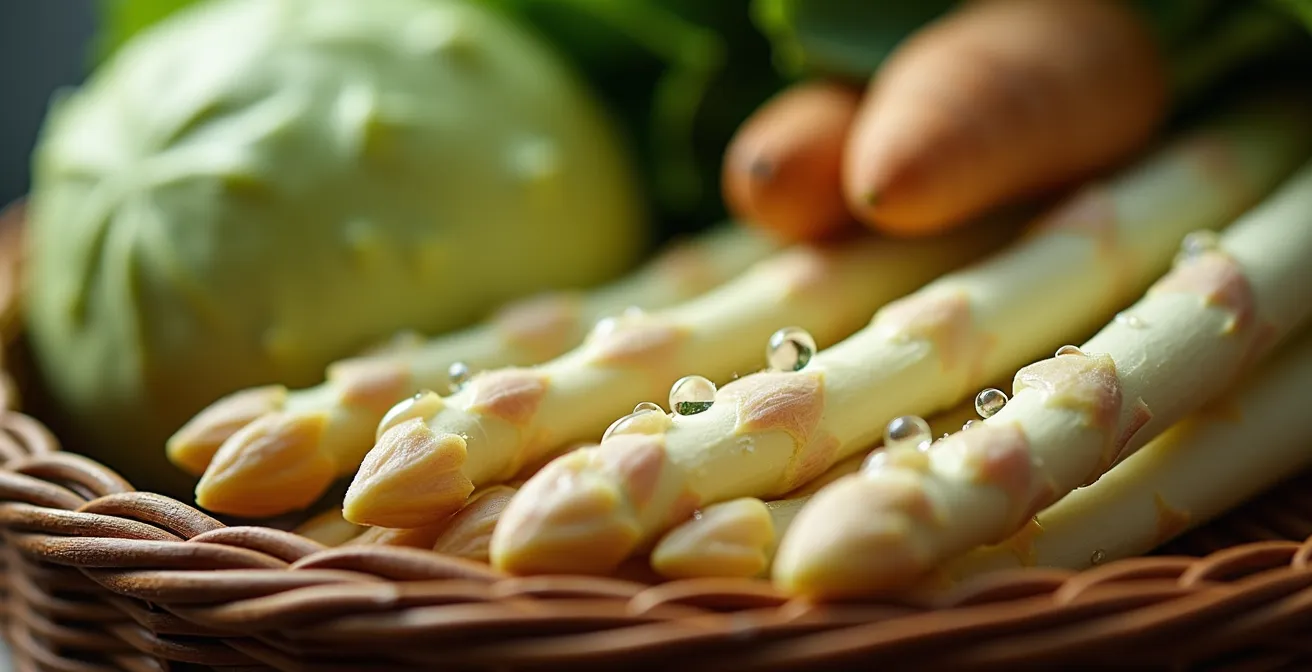 Frisches saisonales Gemüse wie Spargel und Kohl auf einem deutschen Wochenmarkt, das die Frische und Qualität der Produkte zeigt.
