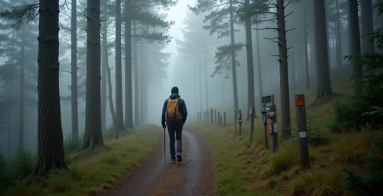 Wanderer folgt Wegmarkierung durch dichten Schwarzwald