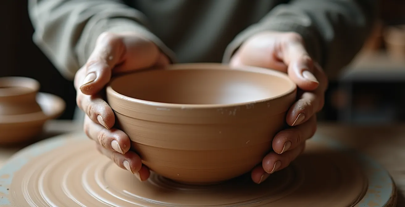 Hände halten selbstgemachtes Keramikstück