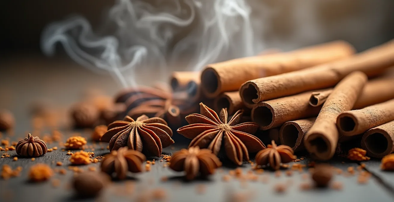 Makroaufnahme von Gewürzen wie Zimt und Sternanis, deren Textur und Duft eine sinnliche Reiseerinnerung symbolisieren.