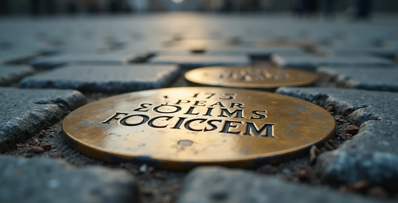 Nahaufnahme von Stolpersteinen im Berliner Pflaster, die an die Opfer des Nationalsozialismus erinnern