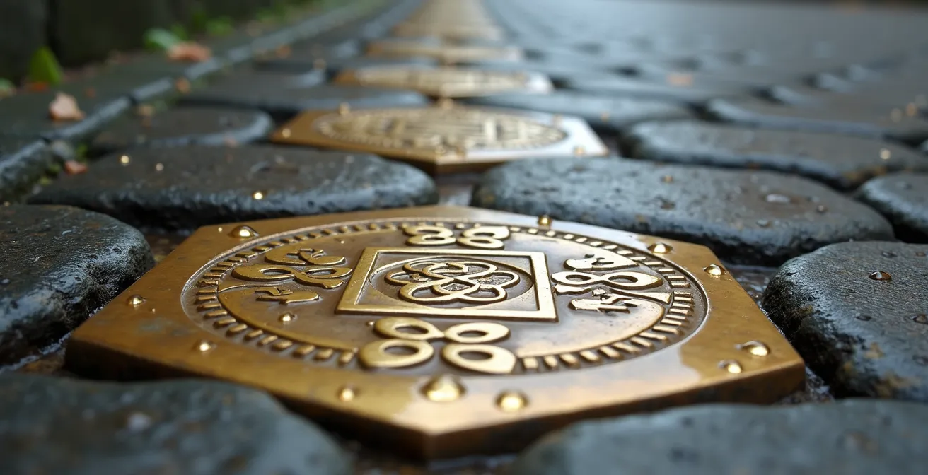 Messingplaketten im Pflaster als Symbol der deutschen Erinnerungskultur
