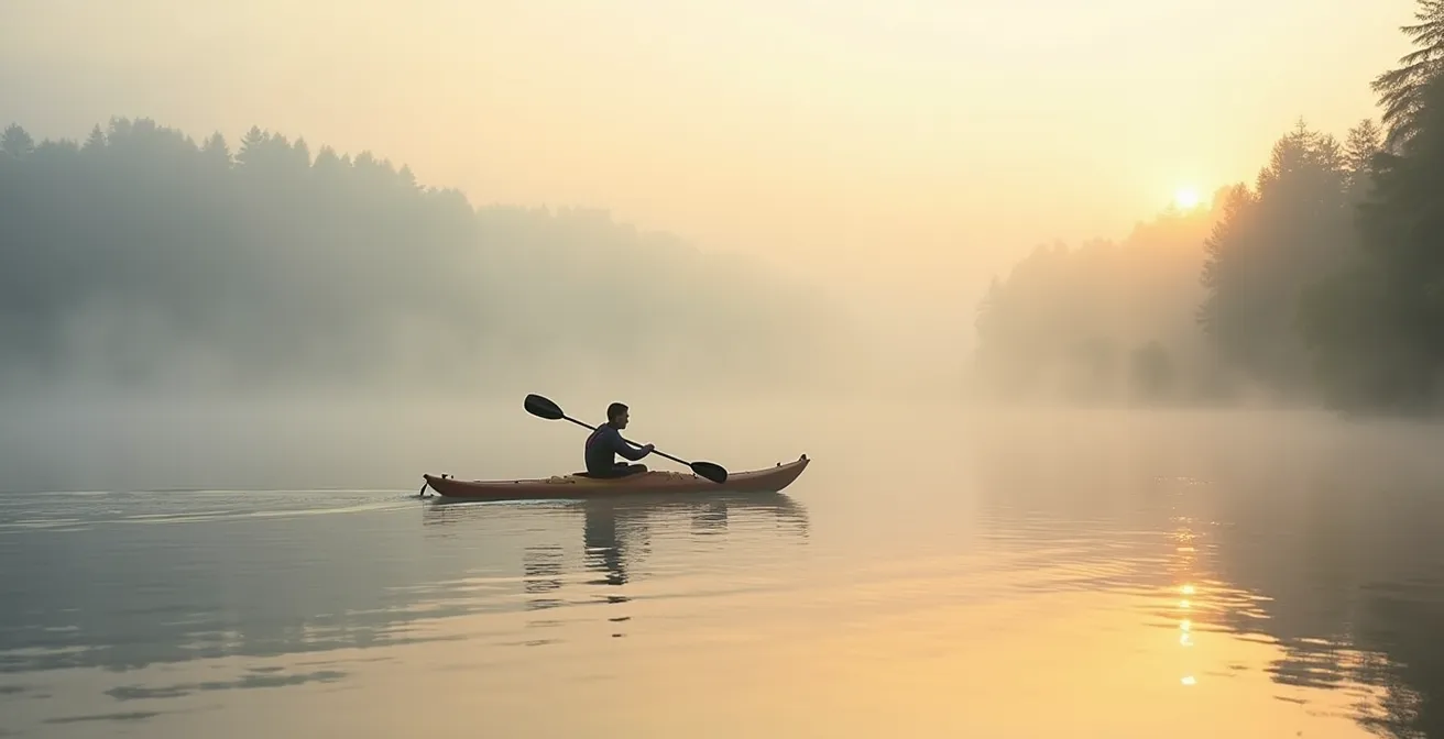 Stand-Up-Paddler auf ruhigem See bei Sonnenaufgang in Deutschland