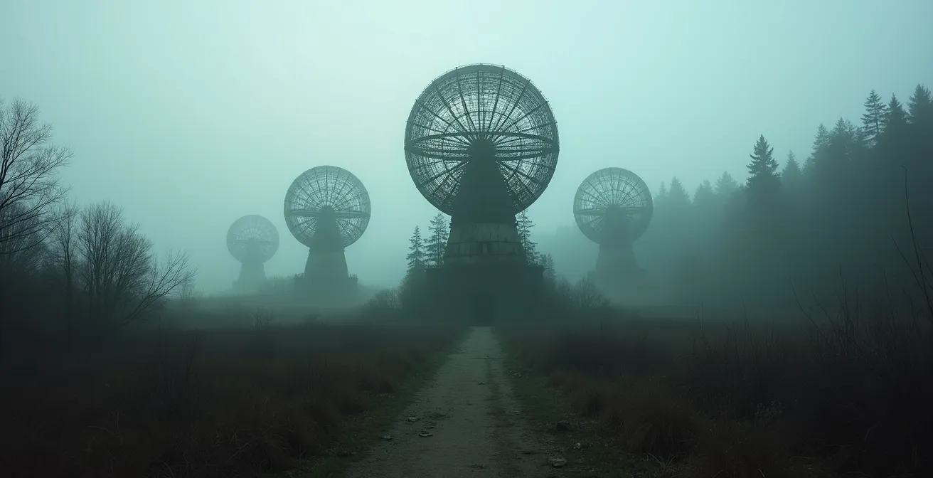 Verlassene Radarkuppeln der Teufelsberg-Abhörstation im Nebel