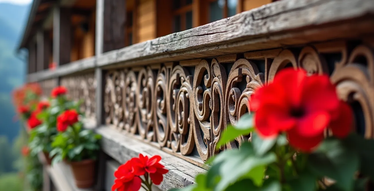 Makroaufnahme eines verwitterten Holzbalkons mit geschnitzten Details und roten Geranien