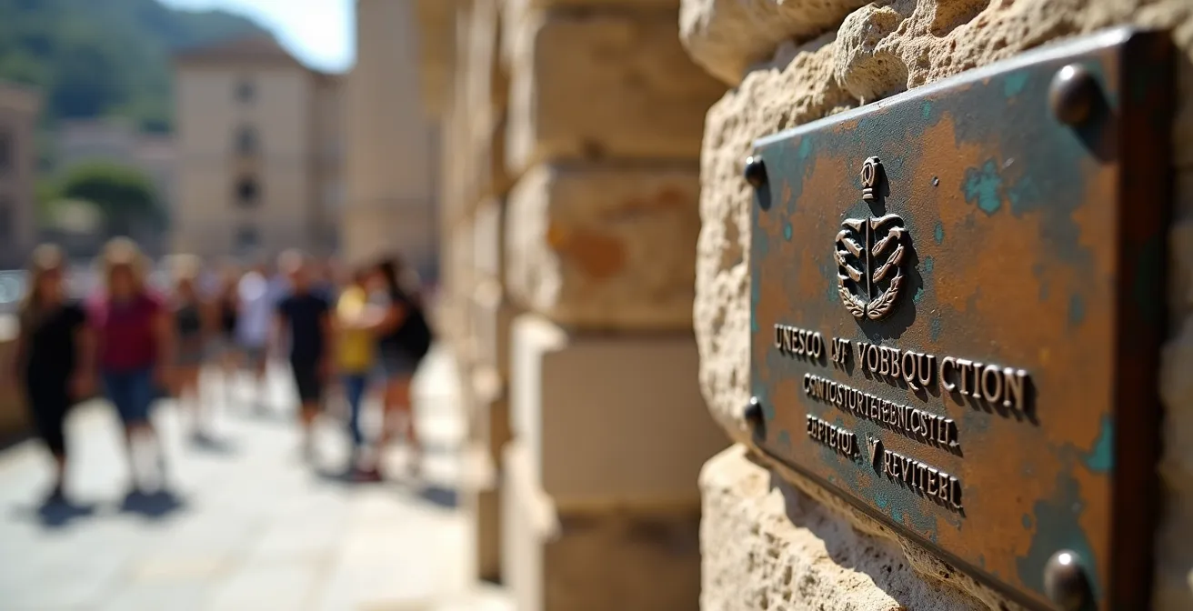 UNESCO-Welterbe Plakette an historischem Gebäude mit Besuchern im Hintergrund