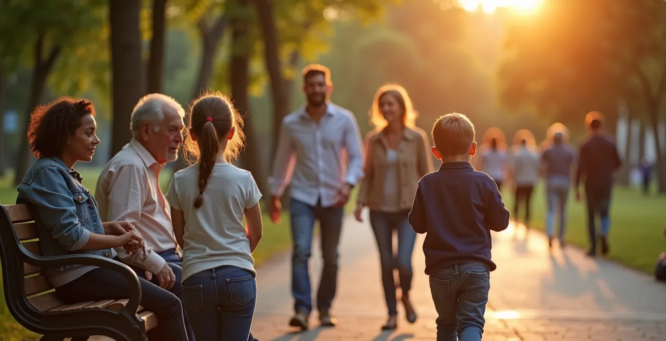Verschiedene Generationen von Menschen mit unterschiedlichen kulturellen Hintergründen in einem deutschen Stadtpark