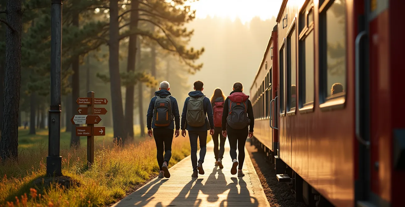Kleiner Bahnhof im Schwarzwald mit Wanderwegweisern im Hintergrund, umgeben von Tannenwald