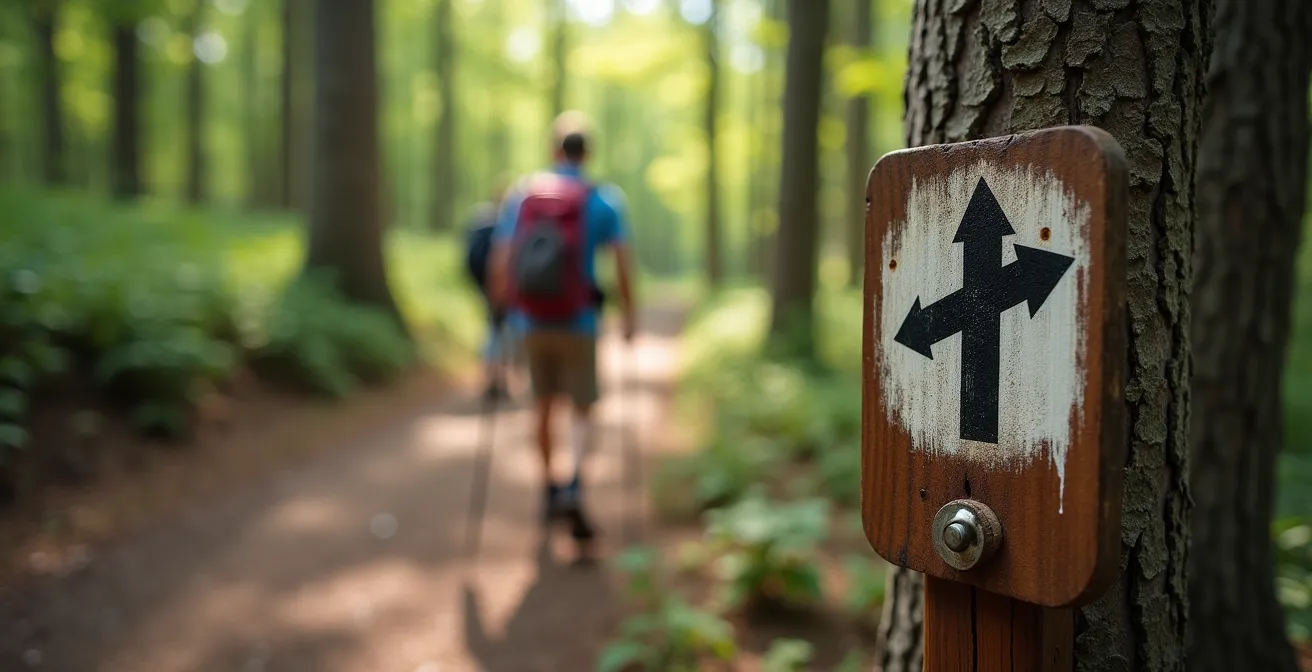 Wanderer auf einem Waldweg mit Wegmarkierung und Bahnhof im Tal sichtbar