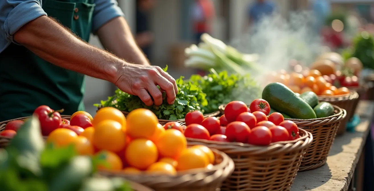 Lebhafter Wochenmarkt mit bunten Ständen und frischen Produkten