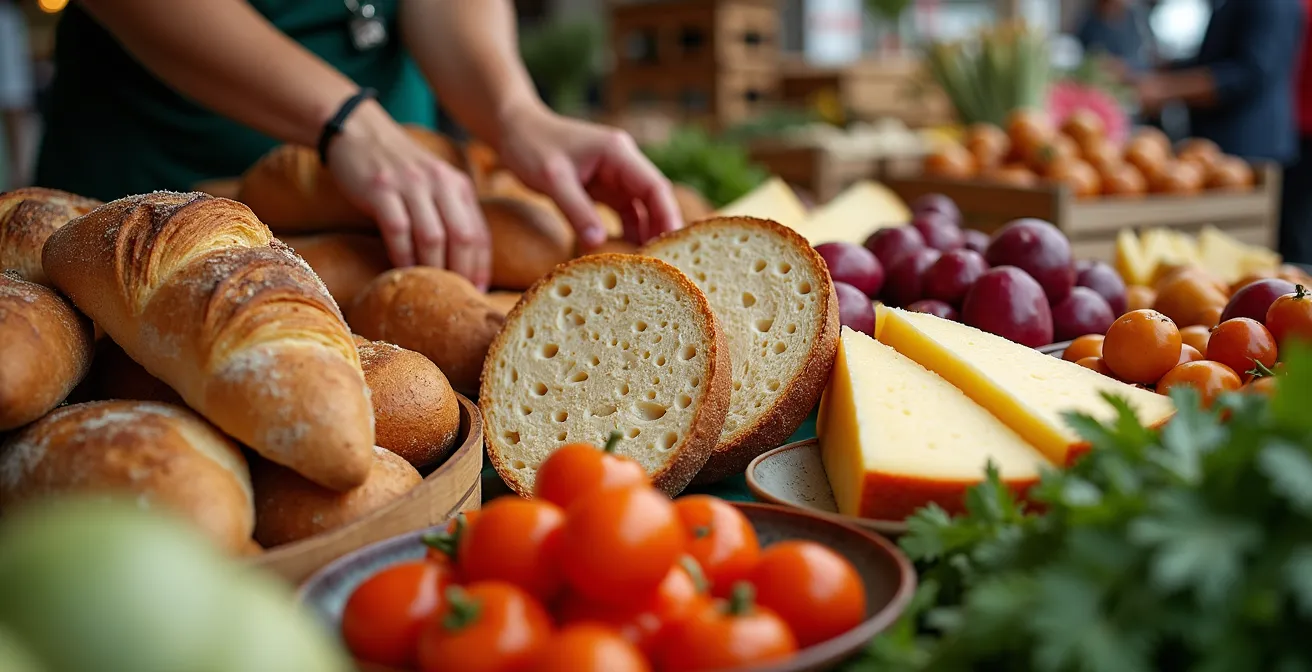 Nahaufnahme von frischen regionalen Produkten auf einem deutschen Wochenmarkt mit Händen beim Auswählen