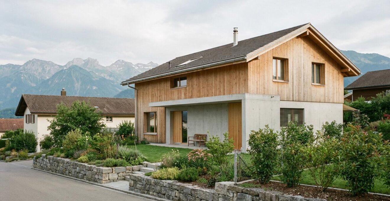 Modernes Schweizer Einfamilienhaus mit gepflegtem Garten für kostenlose Immobilienbewertung