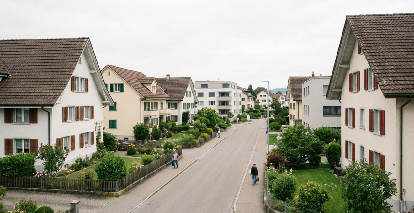 Schweizer Wohnstrasse mit verschiedenen Immobilientypen zur Marktvergleichsanalyse