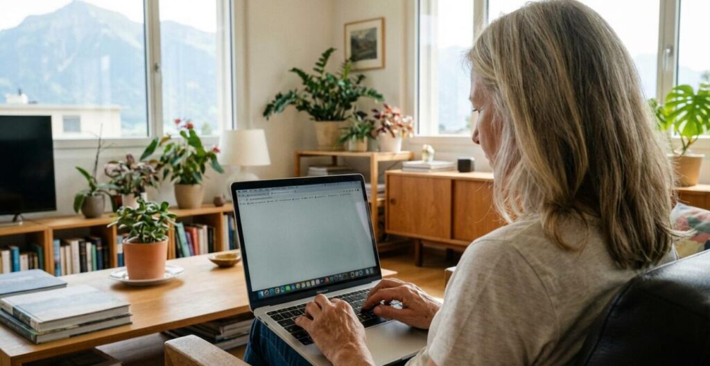Eigentümer nutzt Laptop für kostenlose Immobilienbewertung online im Schweizer Wohnzimmer Eigentümer nutzt Laptop für kostenlose Immobilienbewertung online im Schweizer Wohnzimmer